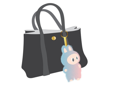 バッグにぬいぐるみ・ぬい活のバックチャーム　ファッションイラストベクター素材　背景透過