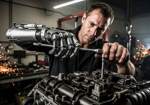 Craftsman with sophisticated prosthetic limb repairs complex machinery in dimly lit workshop