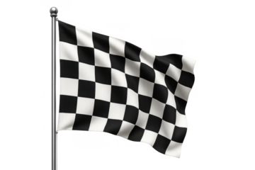 Checkered flag waving on a pole, representing motorsport, race winners, challenges, celebration, and triumph, transparent background