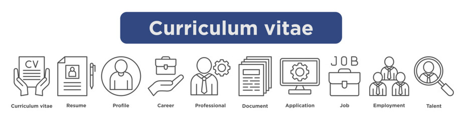 curriculum vitae icon set featuring resume, profile, career, professional skills, documents, job applications, employment, and talent search symbols. vector outline.