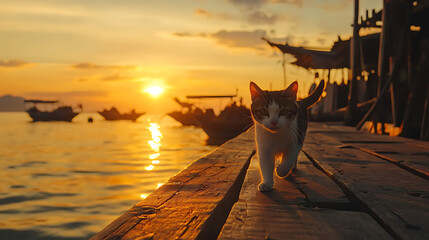 A cat is walking on a dock near the water