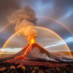 Obraz premium Dramatic Volcanic Eruption with Vibrant Double Rainbow in Iceland.