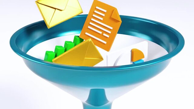 A funnel receives stylized data elements bar graphs, pie chart, envelopes. All are rendered in 3D