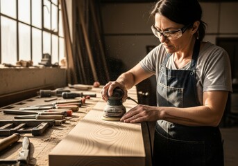 Skilled craftswoman diligently smooths wooden board using a power sander in a bright workshop