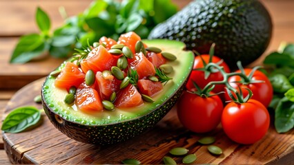 wooden cutting board whole avocado avocado cut half filled sliced tomatoes pumpkin seeds tomatoes arranged circular pattern top avocado overlapping also basil leaves scattered around cutting board