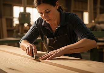 Skilled craftswoman meticulously shapes a wooden plank with a hand tool in a workshop setting