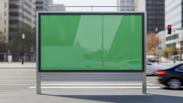 Blank billboard green screen mockup on city street with busy traffic for advertisement.