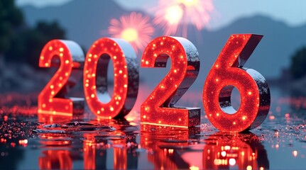 Happy New Year 2026 global celebration. Bright numbers reflect on wet ground, fireworks light the sky. Perfect for China, Hong Kong.