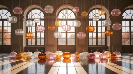 Antique gothic church interior with stained glass window and stone arch architecture