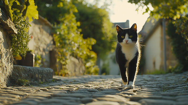 A black and white cat walking on a cobblestone street - Powered by Adobe