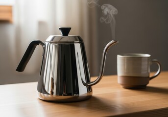 Shiny metal kettle with a gooseneck spout emits steam next to a ceramic mug on a wooden surface.