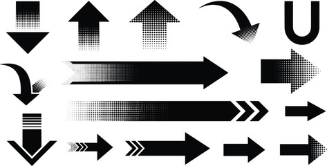 A diverse collection of black vector arrows pointing in multiple directions, featuring various shapes and graphic styles like gradients