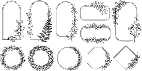 Collection of Decorative Floral and Leafy Frames and Borders in a Hand-Drawn Style