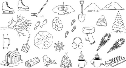 Obraz premium Hand drawn doodle collection of winter season items and activities. Black and white line art set of cold weather objects, sports equipment, and nature elements.
