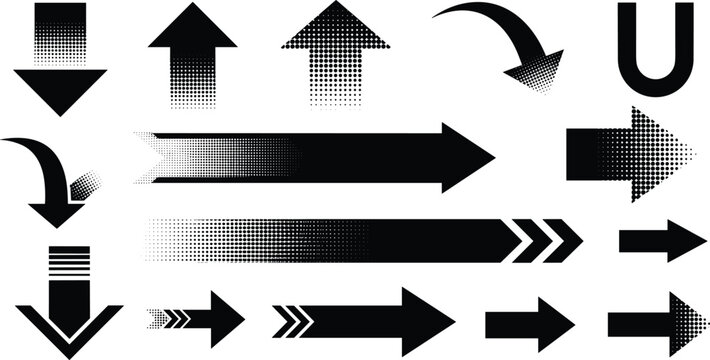 A diverse collection of black vector arrows pointing in multiple directions, featuring various shapes and graphic styles like gradients