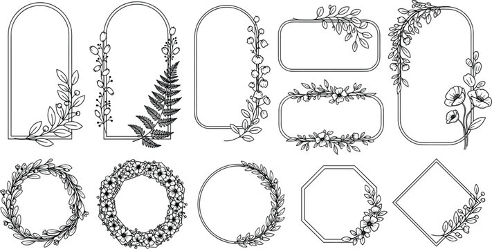 Collection of Decorative Floral and Leafy Frames and Borders in a Hand-Drawn Style
