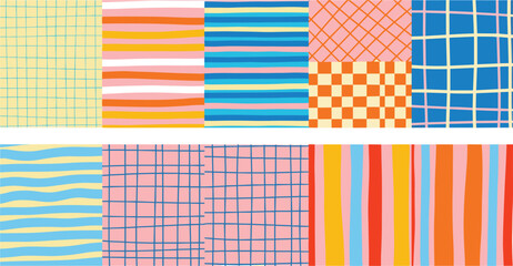 Vibrant and playful seamless patterns in a variety of cheerful color palettes and geometric designs