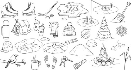 Hand-Drawn Winter Outdoor and Camping Elements Set: Skates, Hockey, Ice Fishing, Campfire, Tent, Thermos, Snow, Nature Doodle Collection