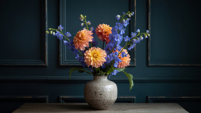 Dramatisches Stillleben: Farbintensive Blumen in Keramikvase
