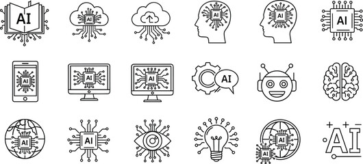 Obraz premium Set of Line Art AI Icons for Modern Technology Concepts
