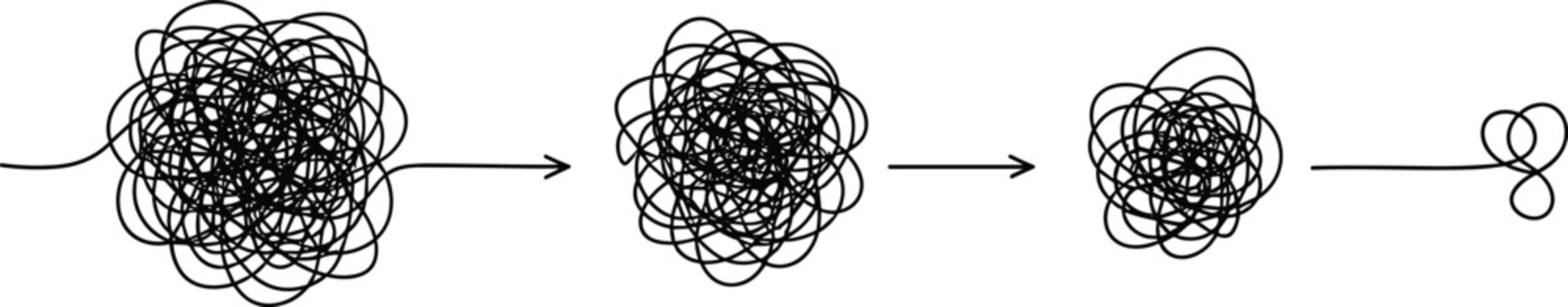 Concept of simplifying a complex problem, showing a tangled and chaotic line untangling into a clear and simple solution