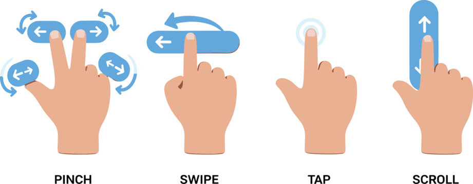 Collection of flat design hand gestures for touch screen interaction, showing pinch, swipe, tap, and scroll for mobile app guides