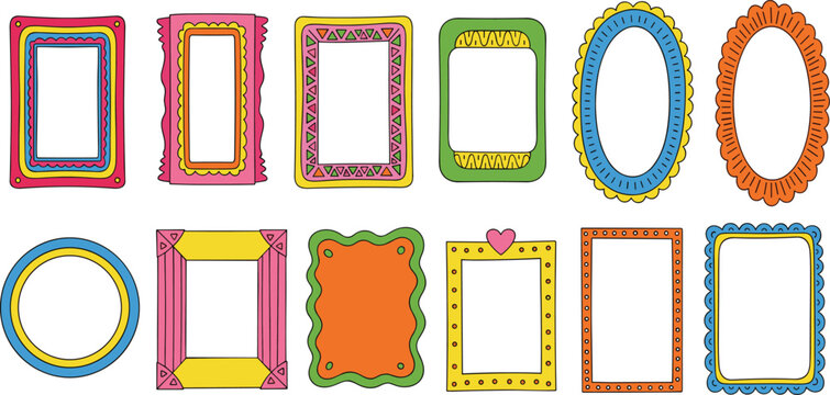 A vibrant collection of whimsical decorative frames, showcasing diverse shapes and playful patterns, perfect for adding colorful, artistic touch to creative projects