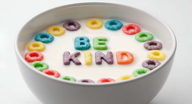 Bowl of cereal with letter-shaped pieces spelling 'Be Kind' floating in milk - Powered by Adobe