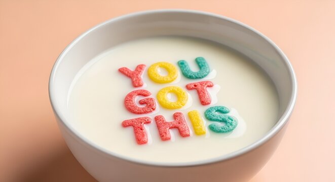 Motivational Cereal Bowl with Alphabet Letters Spelling 'You Got This' in Milk - Powered by Adobe