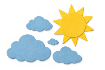 Felt crafting sun and clouds concept illustrating weather forecast, sunny or partly cloudy skies, transparent background