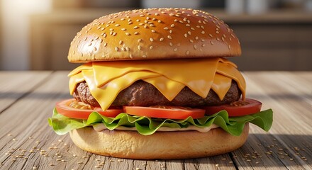 Appetizing cheeseburger with fresh ingredients on rustic wooden table, close-up