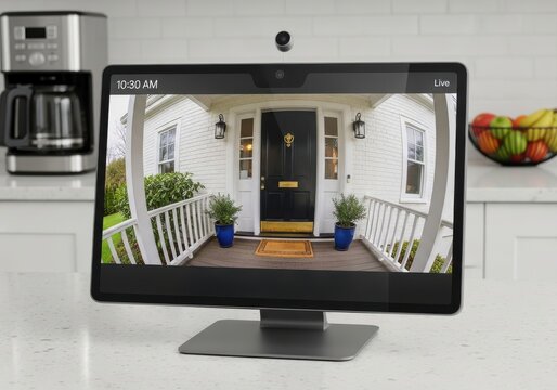 Modern electronic display shows live feed from a residential entrance surveillance system