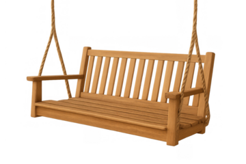 Wooden porch swing bench hanging with ropes, inviting relaxation and comfort on transparent background