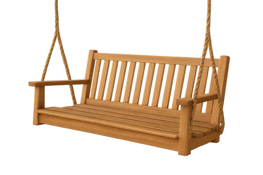Wooden porch swing bench hanging with ropes, inviting relaxation and comfort on transparent background