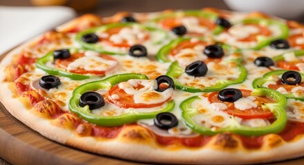 Delicious pizza with fresh vegetables, cheese, olives on a wooden board background
