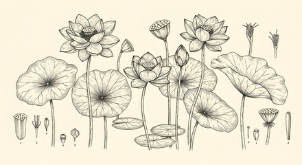 Ink drawing of lotus plants with flowers leaves seed heads and labeled parts