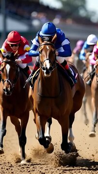 Intense equestrian racing with thoroughbred horses and jockeys in dramatic slow motion