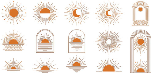 Mystical and spiritual symbols of the sun, moon, and sea. An elegant collection of bohemian line art icons for branding