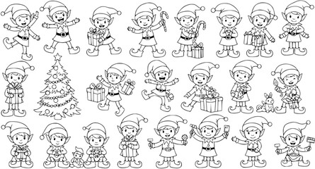 Cute Christmas Elves Vector Line Art Collection: Festive Holiday Cartoon Characters with Tree, Gifts  Activities - Black and White Set for Coloring Pages
