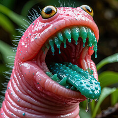 A fantastic fairy-tale worm, stuck out its tongue and screams loudly in fear.