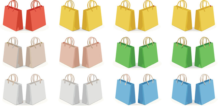 Set of colorful isometric shopping bags. Vector illustration collection of paper gift bags in various colors for retail, sales, and mockup designs