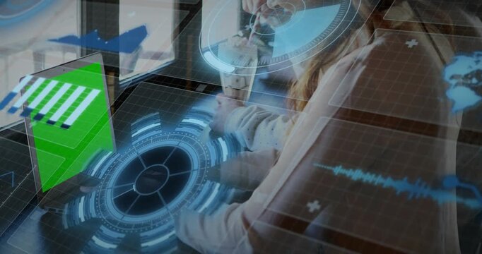 Woman sitting window seat green app popping gestures animating tech HUD checking map while sipping