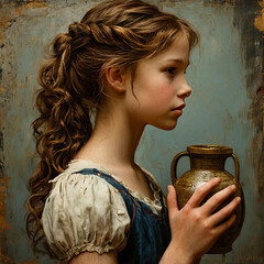 A girl in antique clothes holds a jug in her hands. Portrait in profile.
