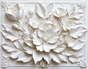 Bas-relief, white flowers on a white background. Floral decorative panel.