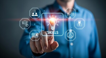 Person touching screen with lightbulb icon and word SKILS hand finger