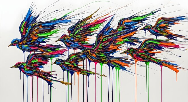 A vibrant, multi-colored abstract painting of a flock of birds in flight with dripping paint effects.