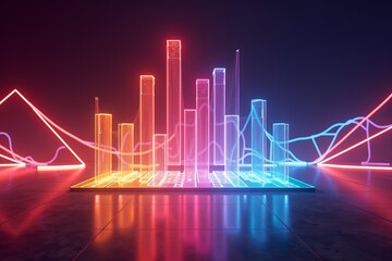 Neon-lit futuristic cityscape of glowing bars and curves, vibrant colors reflecting on sleek dark floor.