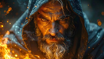 Portrait of a wizard with glowing magical elements and dramatic lighting