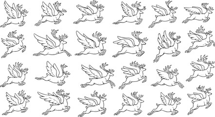 Seamless Pattern with Flying Reindeer Doodles for Christmas and Winter Holiday Design, Hand-Drawn Black and White Outline Background