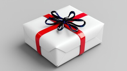 White Gift Box with Red and Black Ribbon on Gray Background